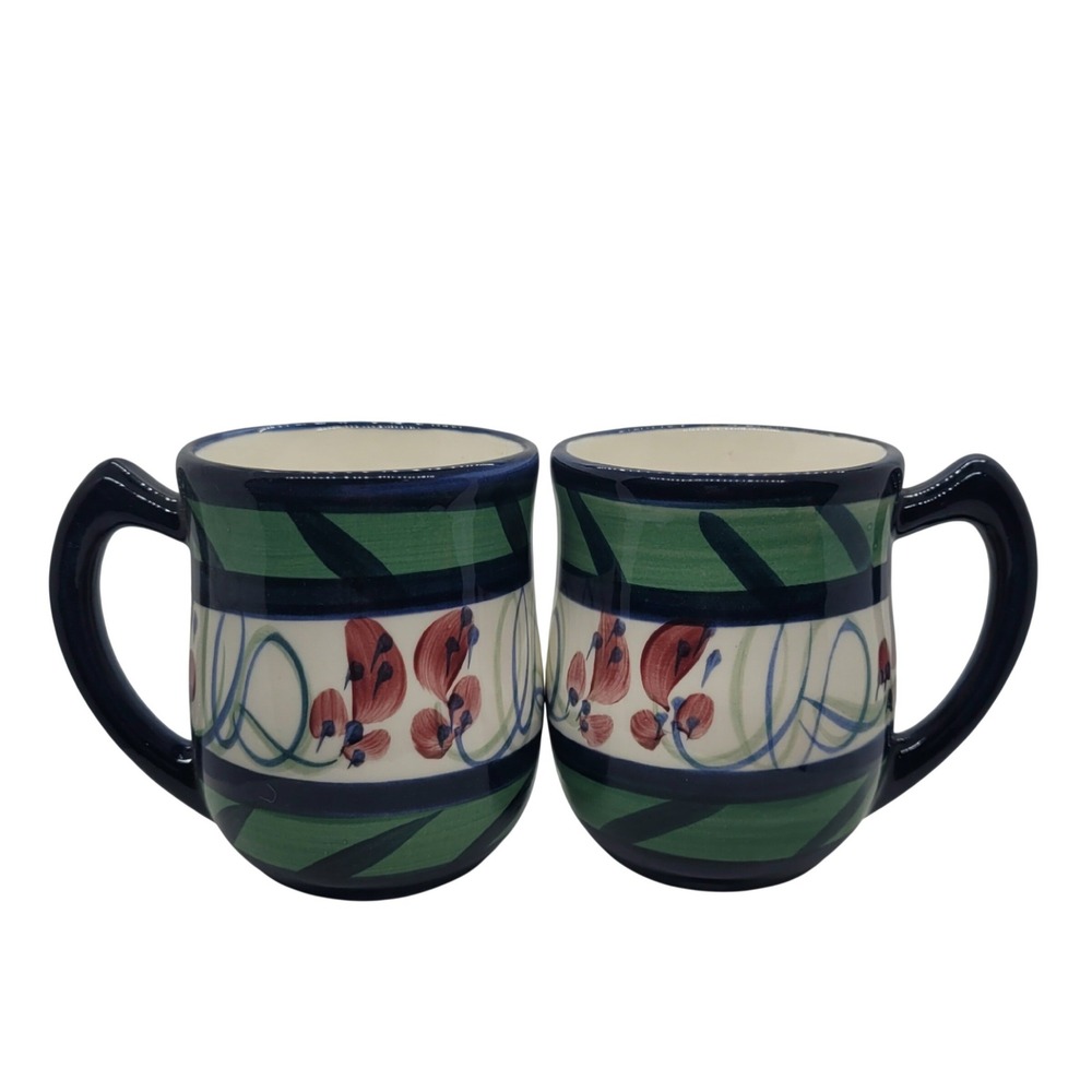 Gail Pittman Studio Hand Painted‎ Pottery Mugs Set of 2 Floral Green Blue 1995